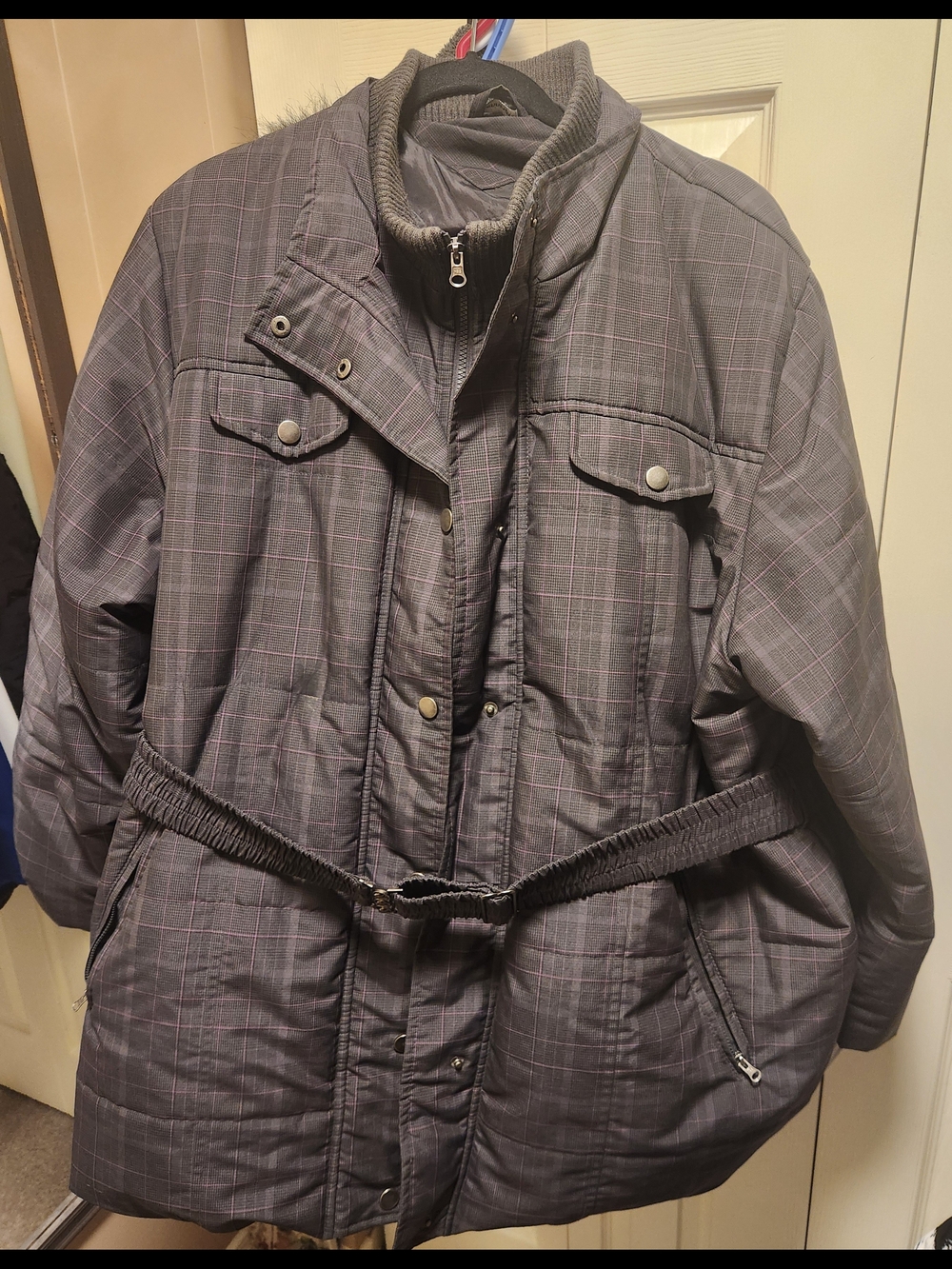 Plaid Belted Winter Jacket - Gray with Subtle Pink Lines Size 3x